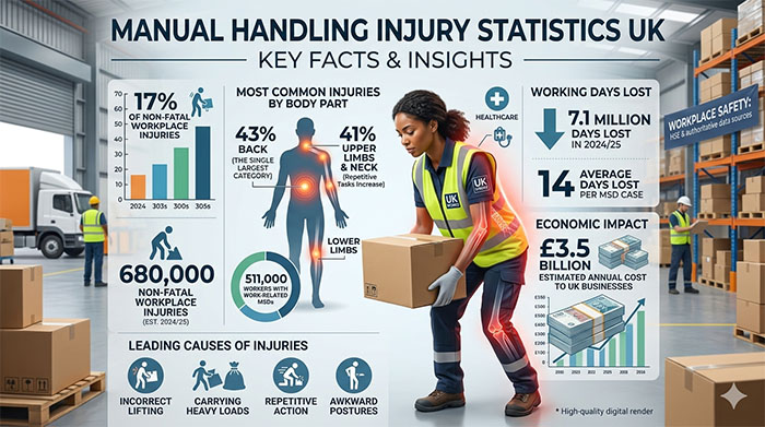 Warehouse worker lifting a heavy box, illustrating UK manual handling injury risks