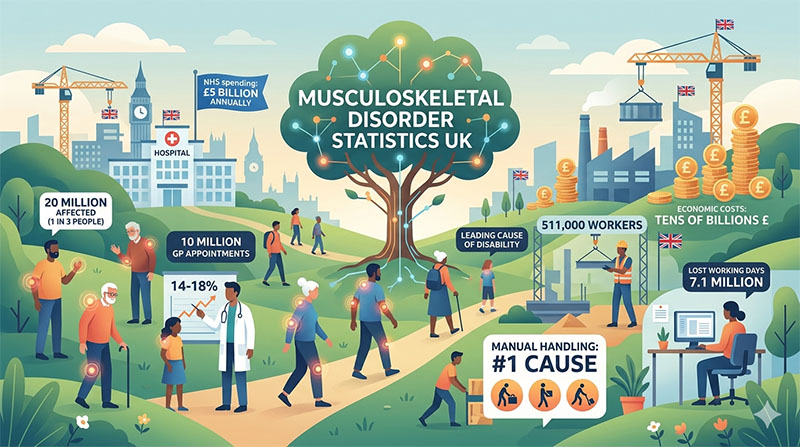Worker holding their lower back, illustrating work-related musculoskeletal disorders in the UK
